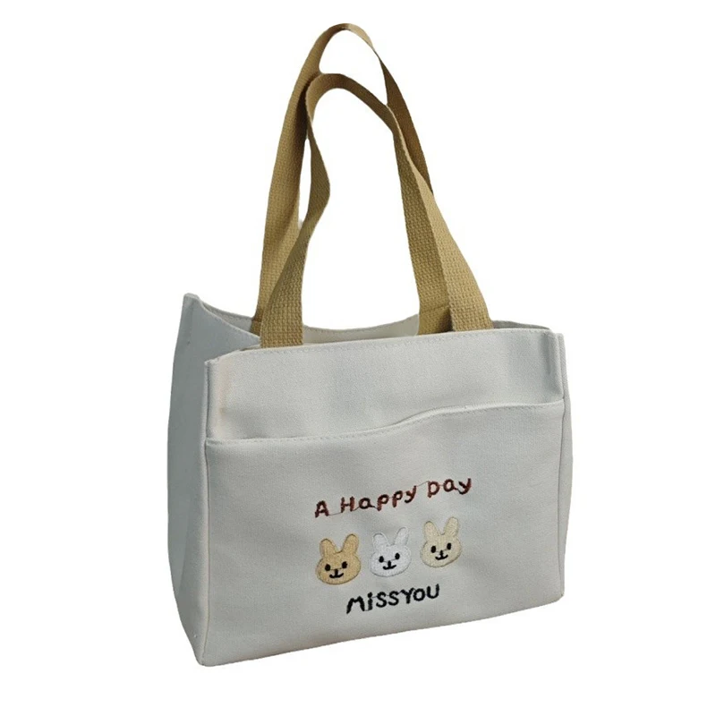 Cartoon Simple Rabbit Pattern Printed Canvas Handbag Office Worker Lunch Tote Bag Storage Bags