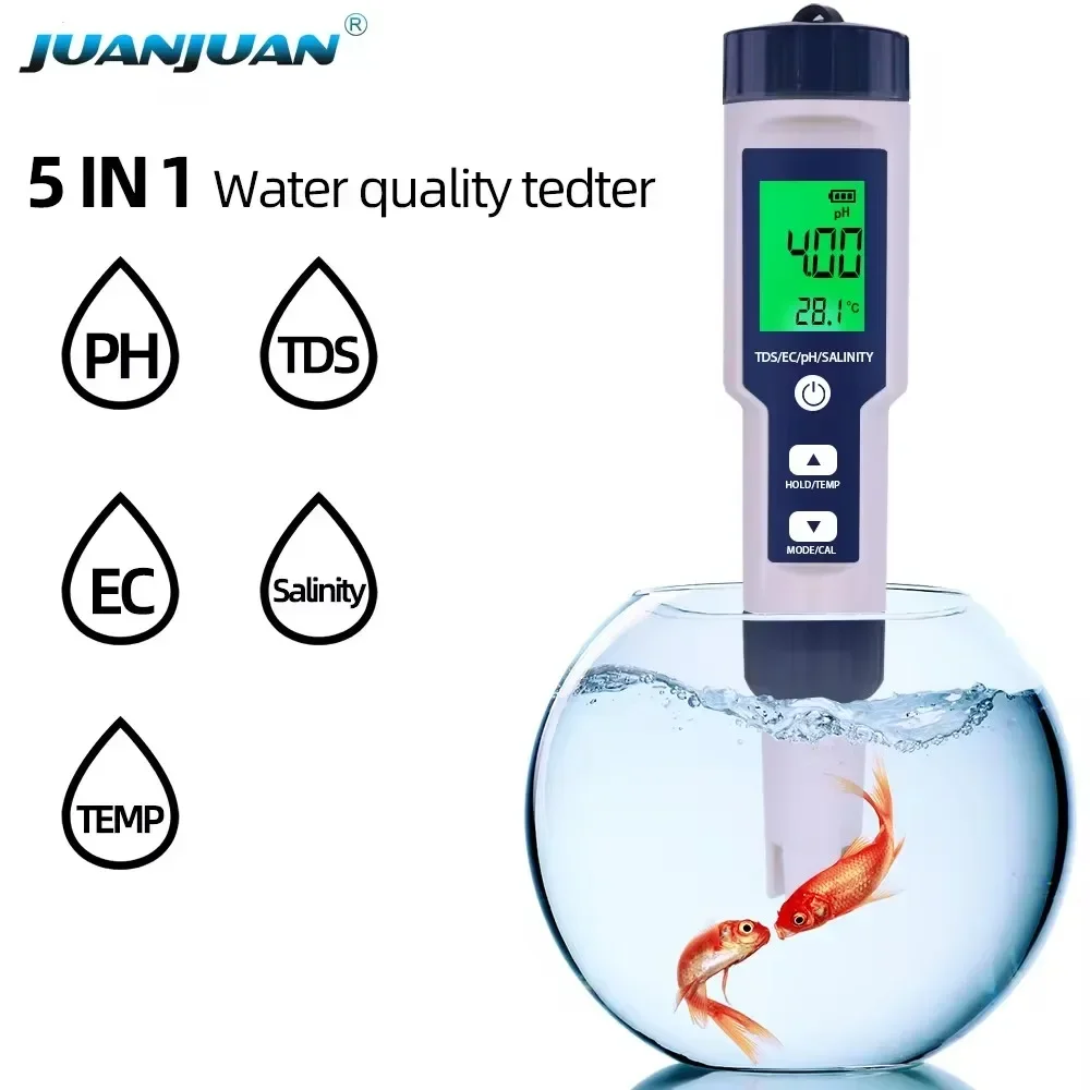 

PH Meter Water Quality Tester Digital TDS EC PH Salinity Temperature Meter for Pools Aquariums Water With Backlight