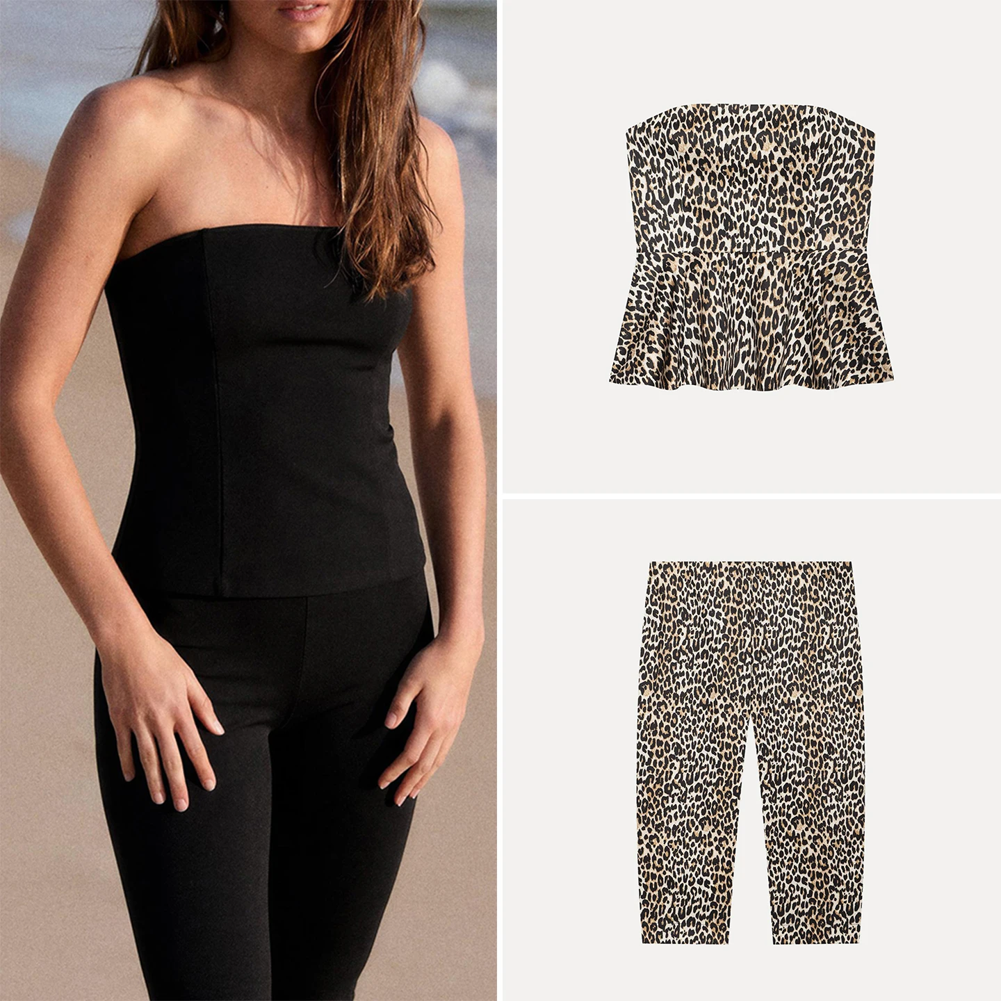 Women's Fashion Straight Collar Shoulder Bared Leopard Print Split Tube Top And Capri Pants Two Piece Set Summer Collection