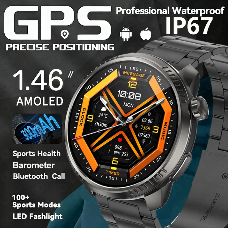 

2026 GPS Smart Watch 300mah Bluetooth Call Barometer AMOLED IP67 Waterproof LED Flashlight 100+Sports SmartWatch Men Android Ios