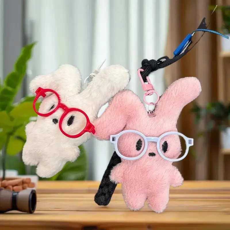 Soft Cartoon Bunny Keyring with Red Glasses; Perfect for Student Backpack Decoration and Couple Gifts