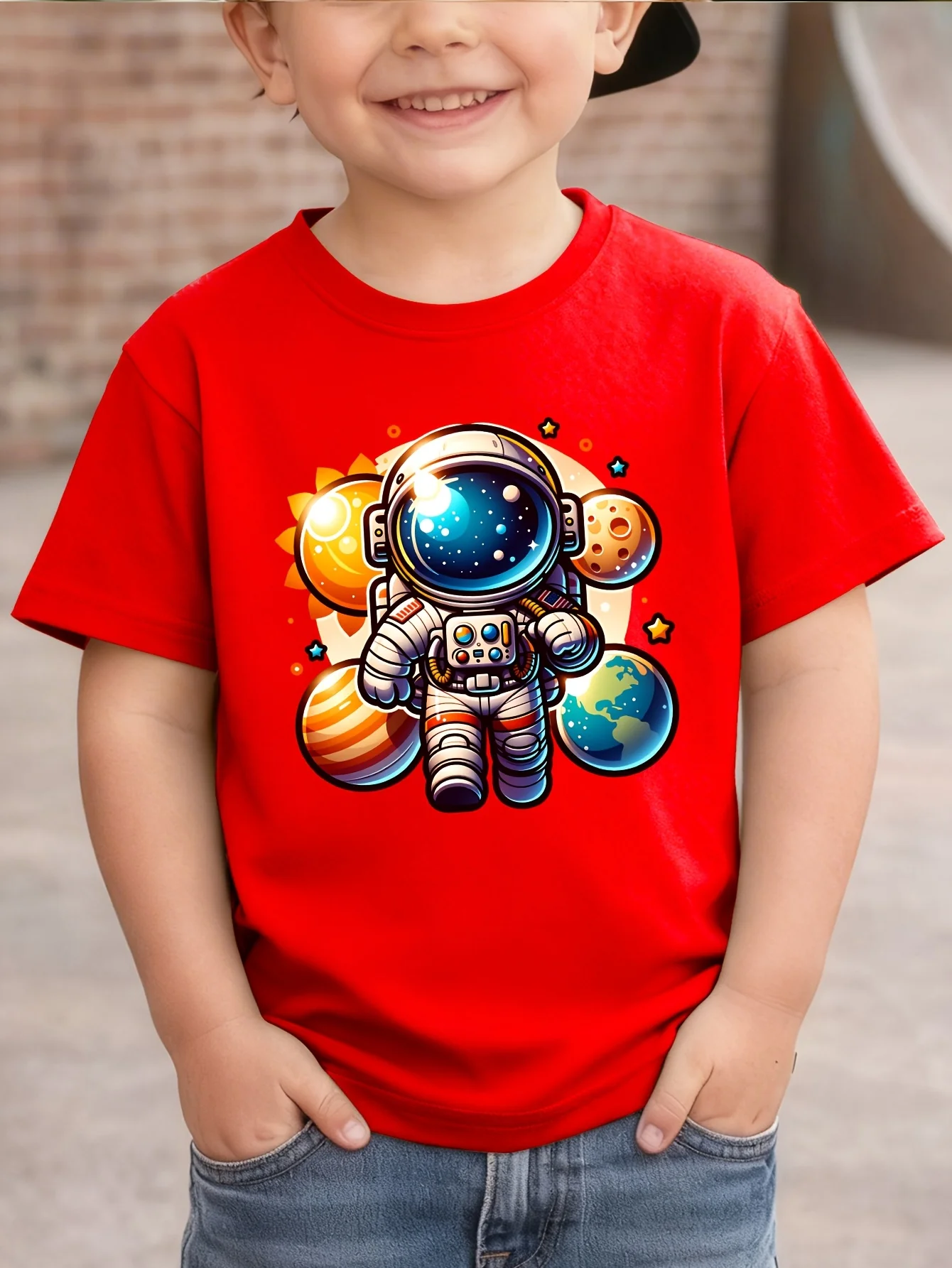 Astronaut With Planets Kids Tee Cartoon Space Print Boys Girls Family Matching Cotton Summer Short Sleeve Basic Children Tshirt