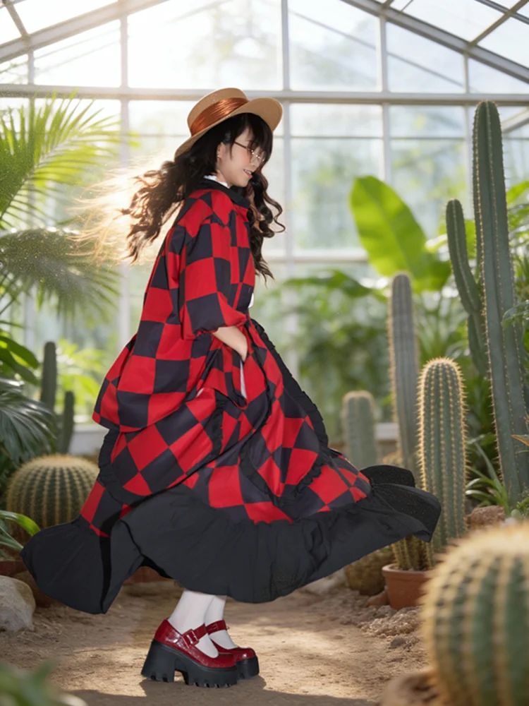 TIYIHAILEY-롱 미드-카프 스커트 여성용 신축성 있는 스커트 여름 봄 레드와 블랙 체크 패치워크 2026 신상 포켓 포함 A라인