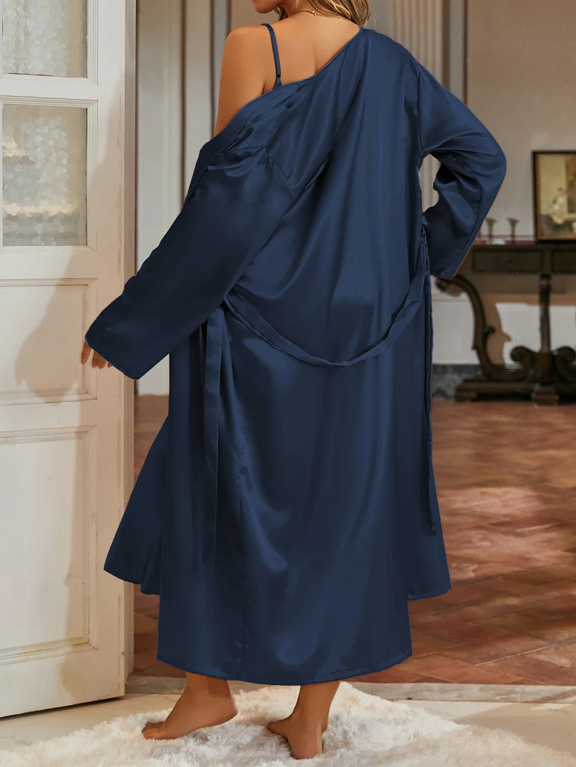 Minimalist Solid Color Pajama Set Long Robe with Low Back Slit Hem Camisole Nightgown All Season Loungewear 3