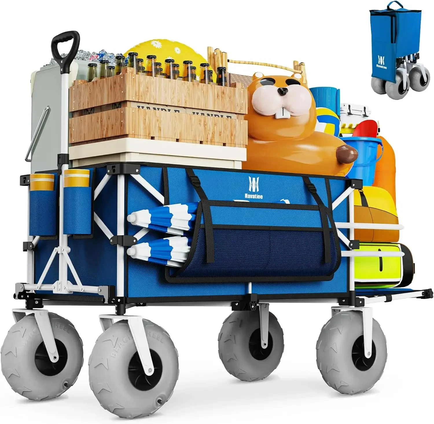 

Collapsible Folding Wagon With Extended Tailgate Big Balloon Wheels Heavy Duty Side Pocket For Sand Outdoor Blue