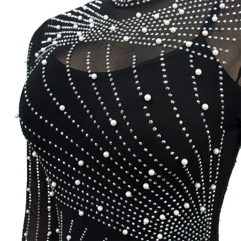 Vestidos de Noche de celebridades con diamantes de imitación brillantes para mujer, vestido Maxi ajustado transparente de malla de manga larga con borlas de diamantes para club nocturno de lujo