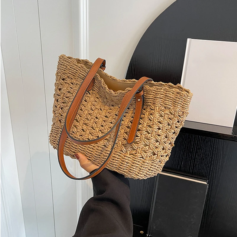 Designer Casual Rattan Wicker Tote Bag Große Kapazität Gewebt frauen Sommer Strand Stroh Handtasche Dame Reise Großen Korb – Detail 18