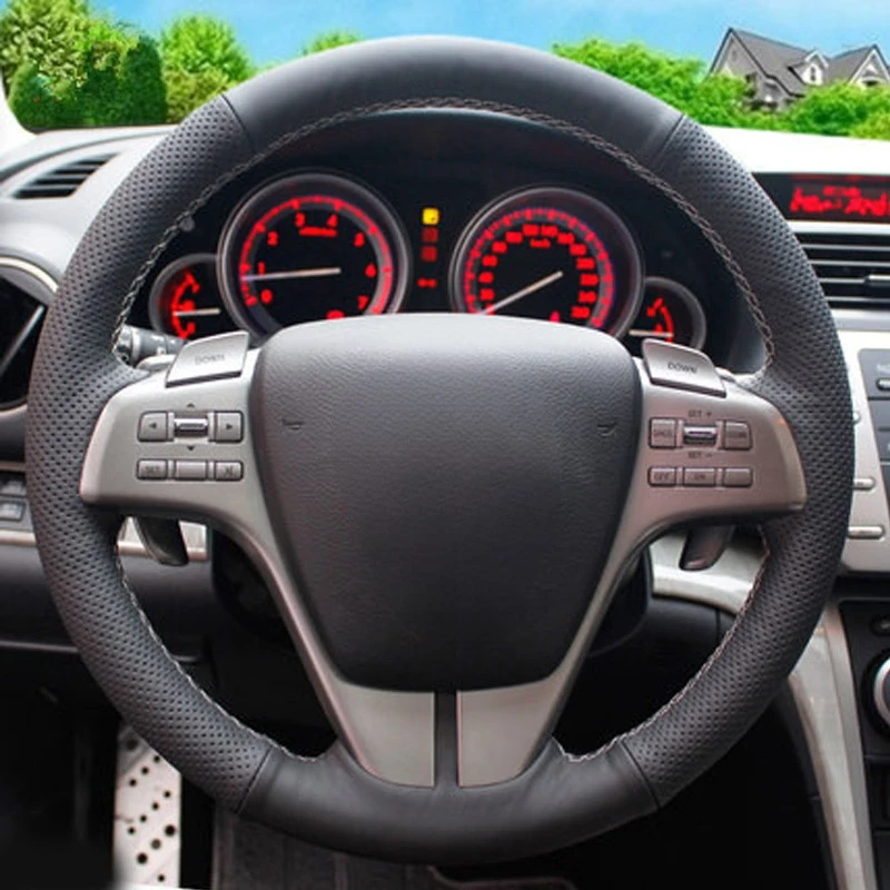 DIY Hand-stitched Steering Wheel Cover Black Artificial Leather Steering Wheel Cover for Mazda 6 2009