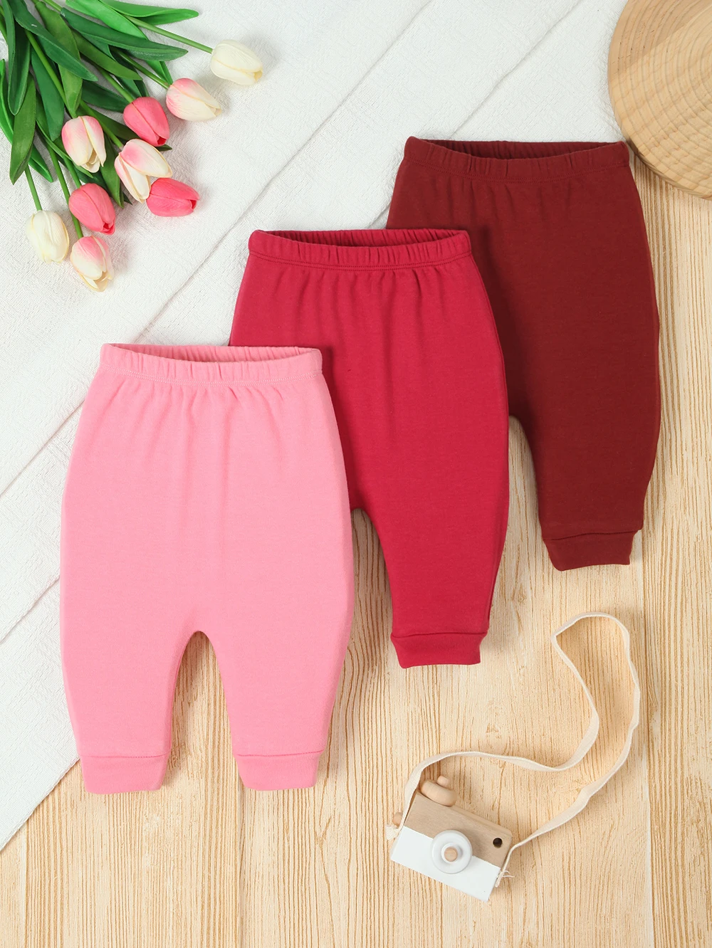 

3 Pcs Spring Autumn Baby Pants Comfortable Infant Leggings Solid Color Soft Trousers(Red Series)