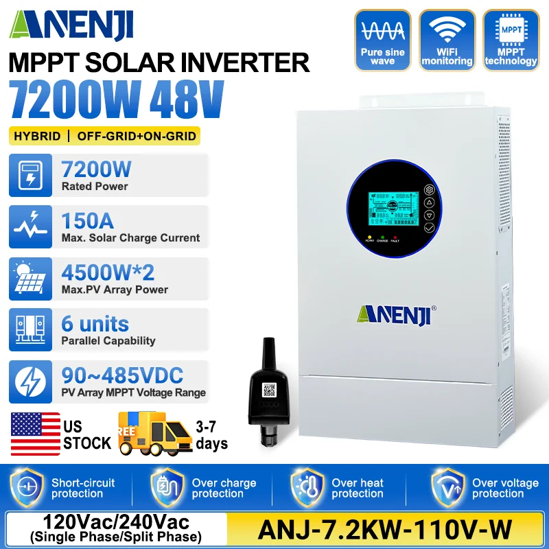 ANENJI 7200W Parallel 48V Hybrid Solar Inverter Parallel Capability 6 units MPPT 150A PV 90-485VDC On/Off Grid Solar Charge Controllers
