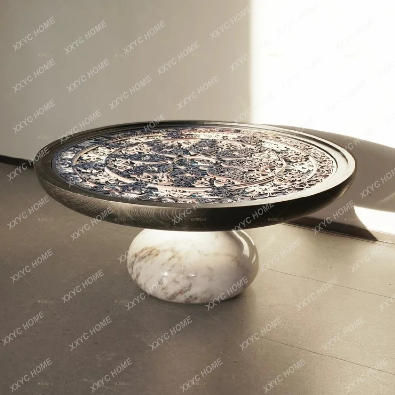 Medieval style solid wood blue and white porcelain coffee table living room household small apartment marble round coffee table