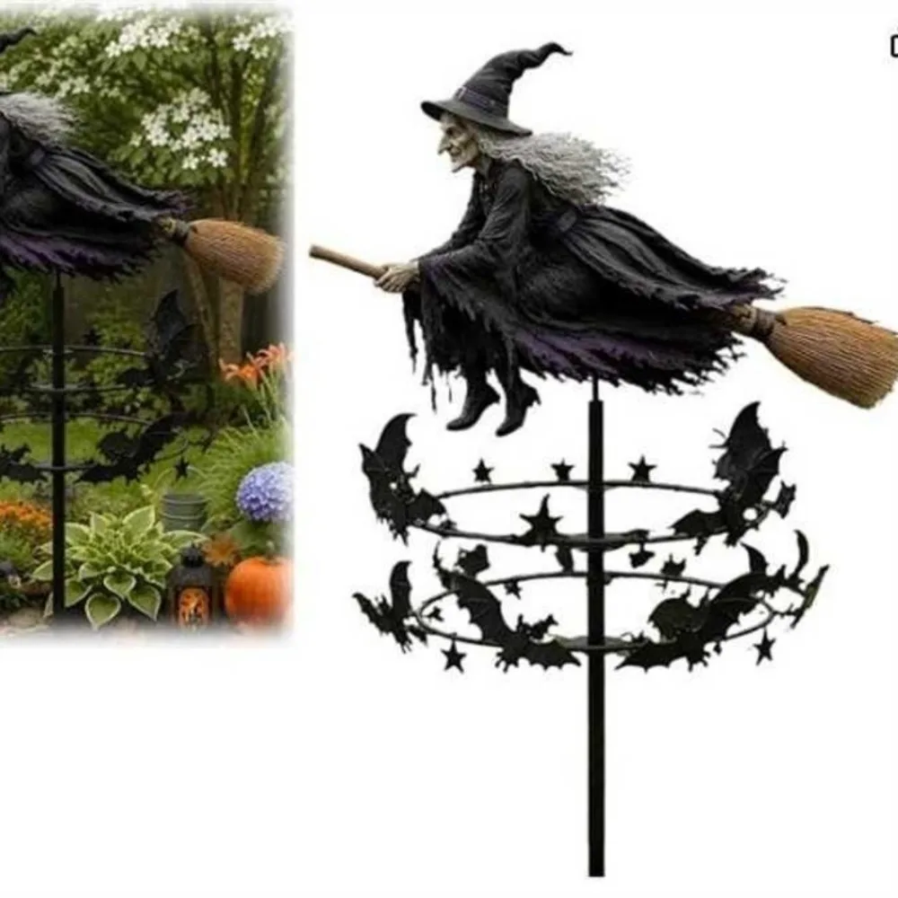 Terrifying Witch Riding Broom Statue Garden Card Black Bat and Star Metal Fan Courtyard Artwork Outdoor Lawn Decoration Ornament