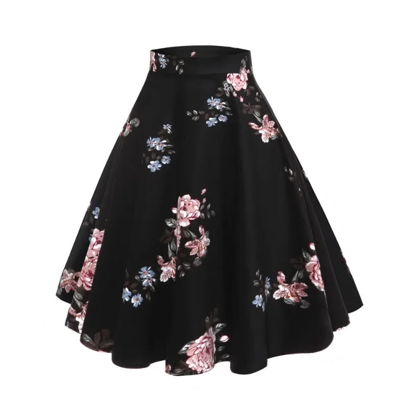 2024 New Vintage Peony Floral Print A Line Black Flare Swing Skirts Casual Women's Summer Cotton 1950s 60s Retro Skater Skirt