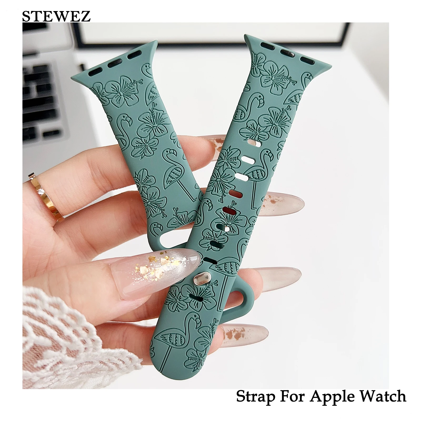 

Silicon Engrave Strap with Apple Watch Band Flamingo Flower Bracelet for Iwatch987654SE Ultra Women Series40 41 42 44 45mm Wrist