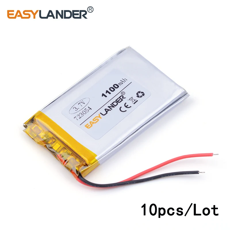 

10pcs /Lot 723054 1100mAh 3.7v lithium Li ion polymer rechargeable battery MP3 player GPS navigation tachograph Speaker E-book