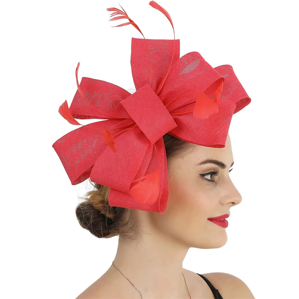Nachahmung Sinamay Hochzeit Mesh Fascinator Für Damen Kopfbedeckung Party Frauen Braut Haar Zubehör Bogen Haar Clip Phantasie Feder – Detail 3