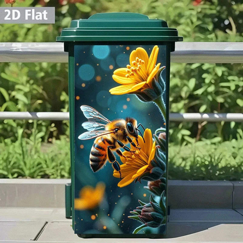 【2D Flat Printing】1pc Rustic Bee & Yellow Flower Trash Can Sticker Self-Adhesive Fresh Natural Floral Decor