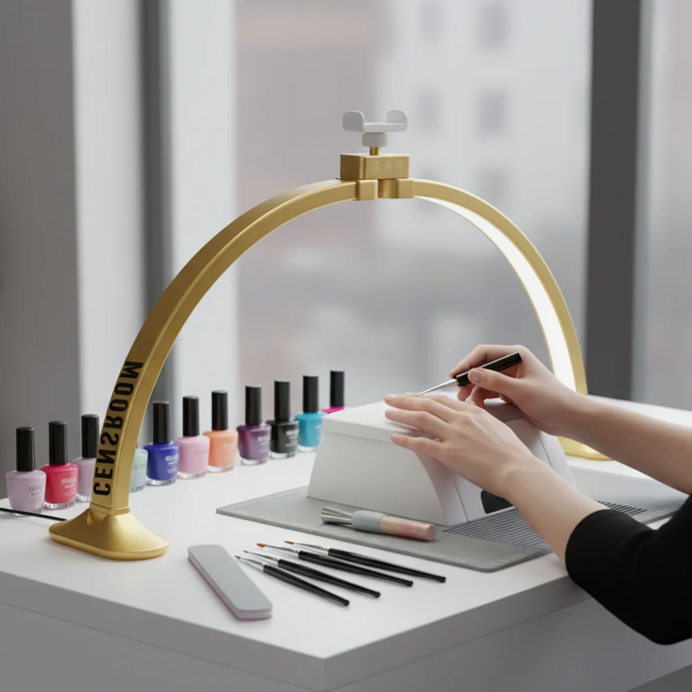 

Gold Half Moon LED Light for Nail Tech 80cm Foldable Arch Light for Nail Desk Lamp with Phone Stand Manicure Handicraft Light