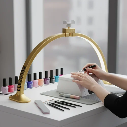 Luz LED de media luna dorada para tecnología de uñas, arco de luz plegable de 80cm para lámpara de escritorio de uñas con soporte para teléfono, luz artesanal para manicura
