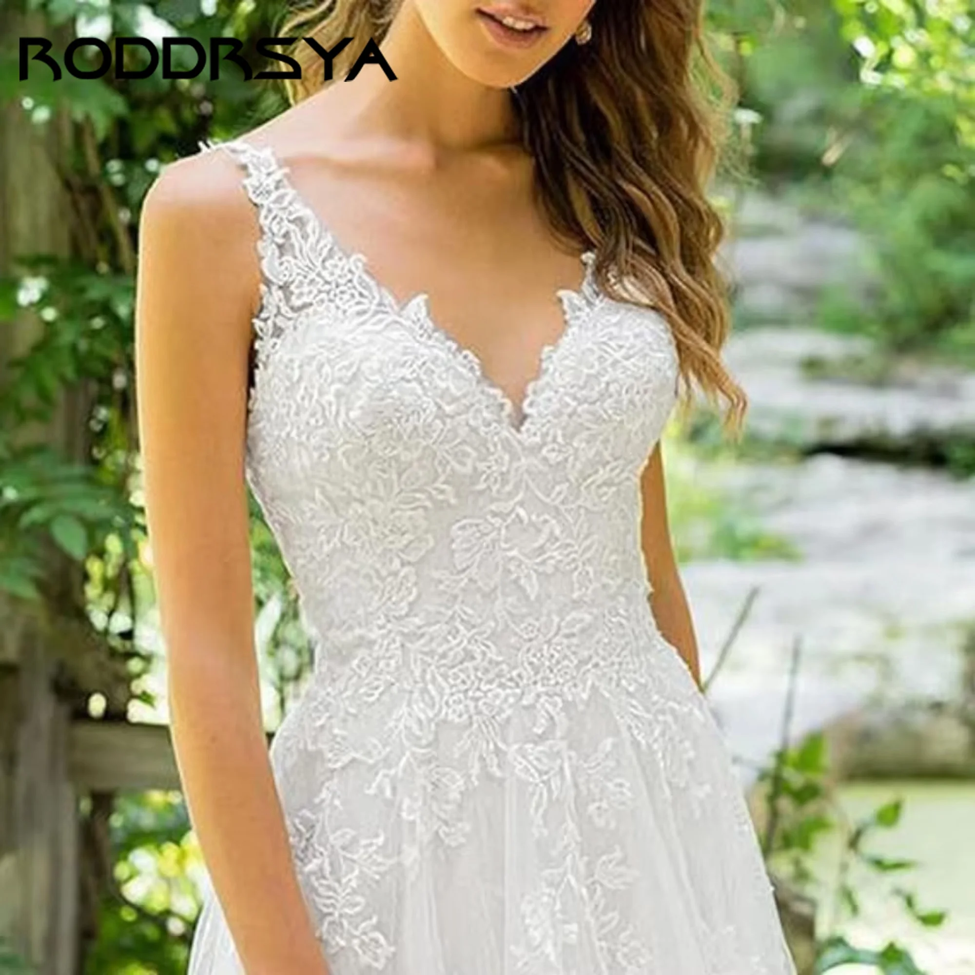 RODDRSYA-vestido De Novia bohemio De encaje, corte en A, tul, con cuello en V, sin mangas, sin espalda, elegante, personalizado RODDRSYA Boho encaje vestido de novia vestido de novia con cuello en V vestidos de tanque