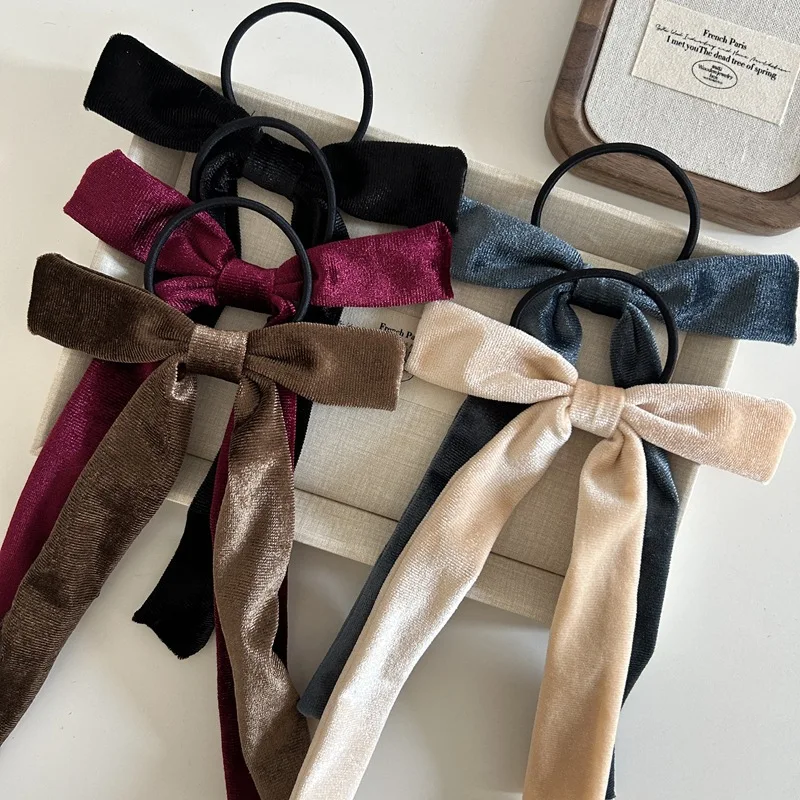 2025 Fashion Velvet Bow Hair Ribbon Scrunchie dla kobiet Vintage czarna aksamitna opaska do włosów dla dziewczynek długa kokarda do włosów Akcesoria do włosów — zdjęcie 4