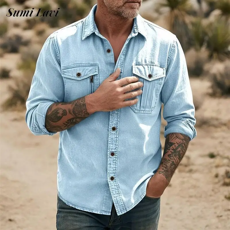 

Fashion Mens Solid Color Cargo Shirt Linen Breathable Long Sleeve Buttoned Casual Shirts 2026 Spring Autumn Stylish Men Cardigan