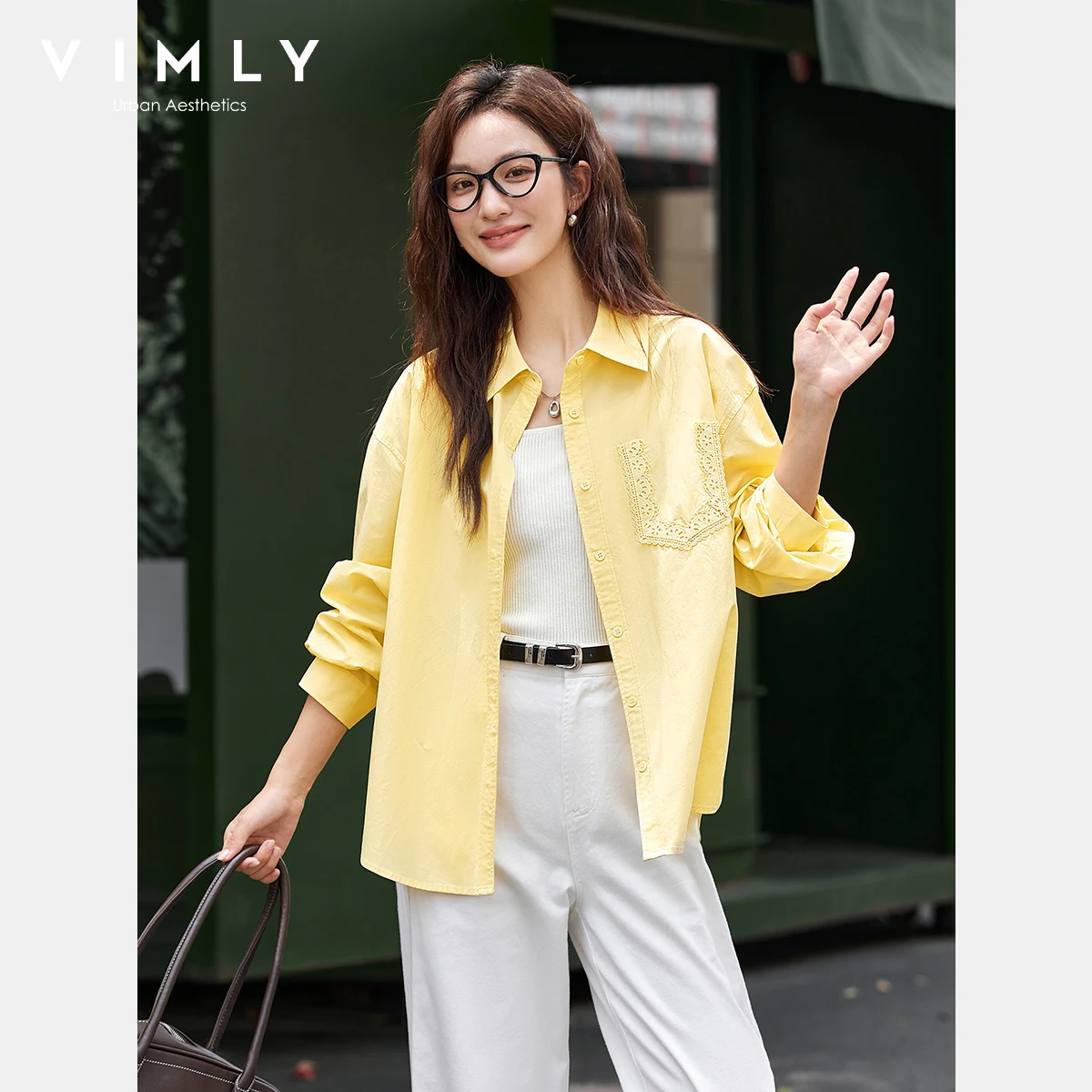 

VIMLY Yellow Shirt Women Lace French Polo Neck Loose Autumn 2025 Female Shirts and Blouse Elegant Long Sleeve Ladies Shirt 30291
