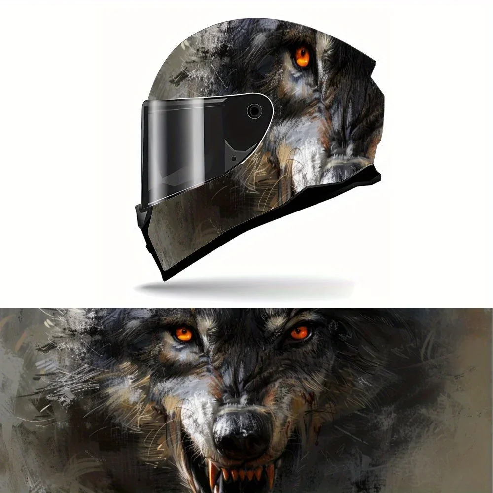 Orange yellow eyes wolf with sharp teeth PVC Motorcycle Helmet Vinyl Wrap, Self-Adhesive Waterproof Sticker, Anti-Scratch Decora