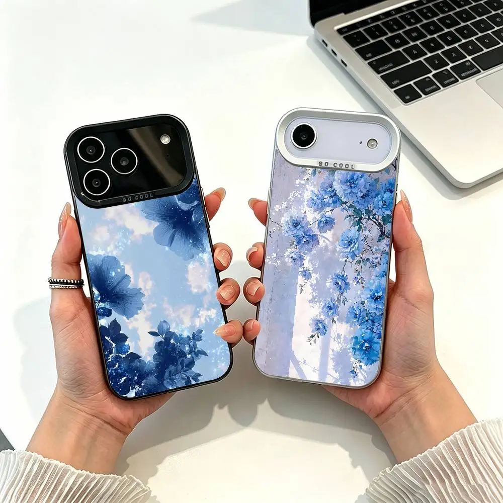 

Anime Blue Flowers Phone Case For IPhone 17 Air 16 15 14 13 12 11 Pro Max White silver Hard Cover