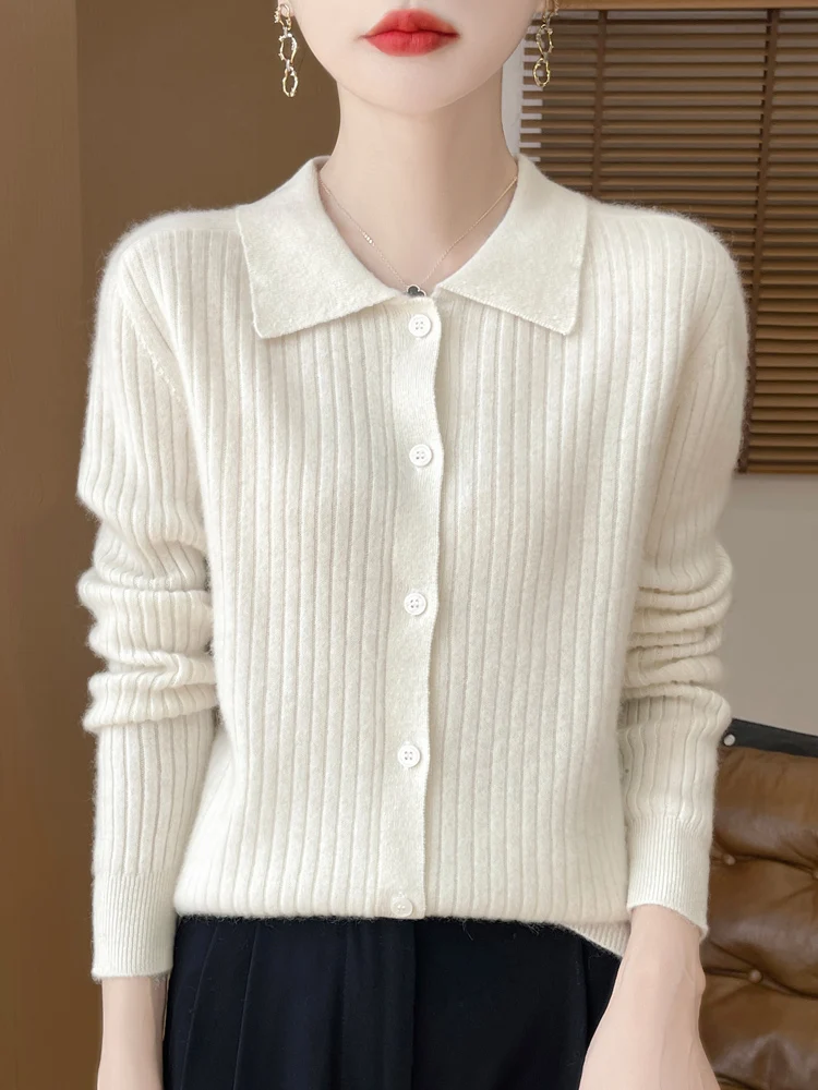 Autumn Winter Women New 100% Merino Wool Sweater Cashmere Polo Collar Cardigan Vertical Stripes Knitwear Bottoming Clothing Tops