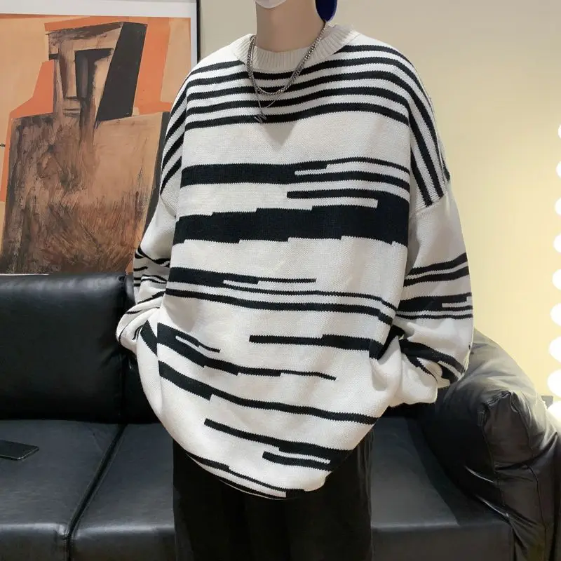 

Irregular Striped Loose Sweaters Men's Clothing Korean Contrasting Colors Autumn Winter Casual O-Neck Basic Knitted Pullovers