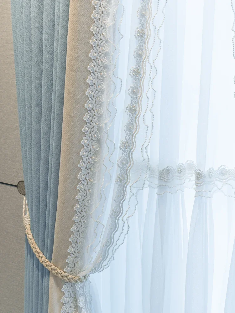

Customized Princess Style Pearl Lace Blue Jacquard Patched Curtains For Living Room Bedroom French Window Bay Window Finished