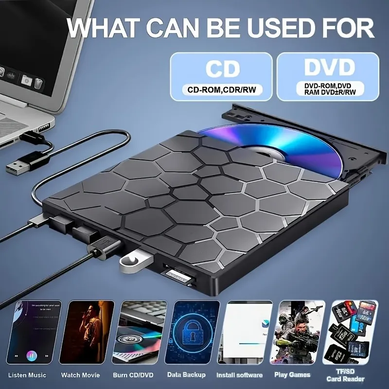 2026 NEW 8-in-1 Laptop External USB 3.0 External CD/DVD -/+RW Drive Player and Burner Writer Reader for Windows Laptop PC