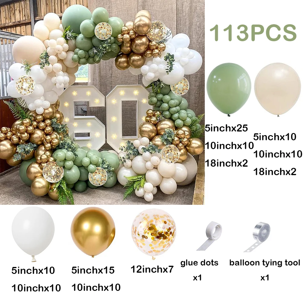 113Pcs Sage Green Balloon Arch Garland Kit Olive Avocado Green Ballon Jungle Birthday Party Decoration Baby Shower Bridal Shower