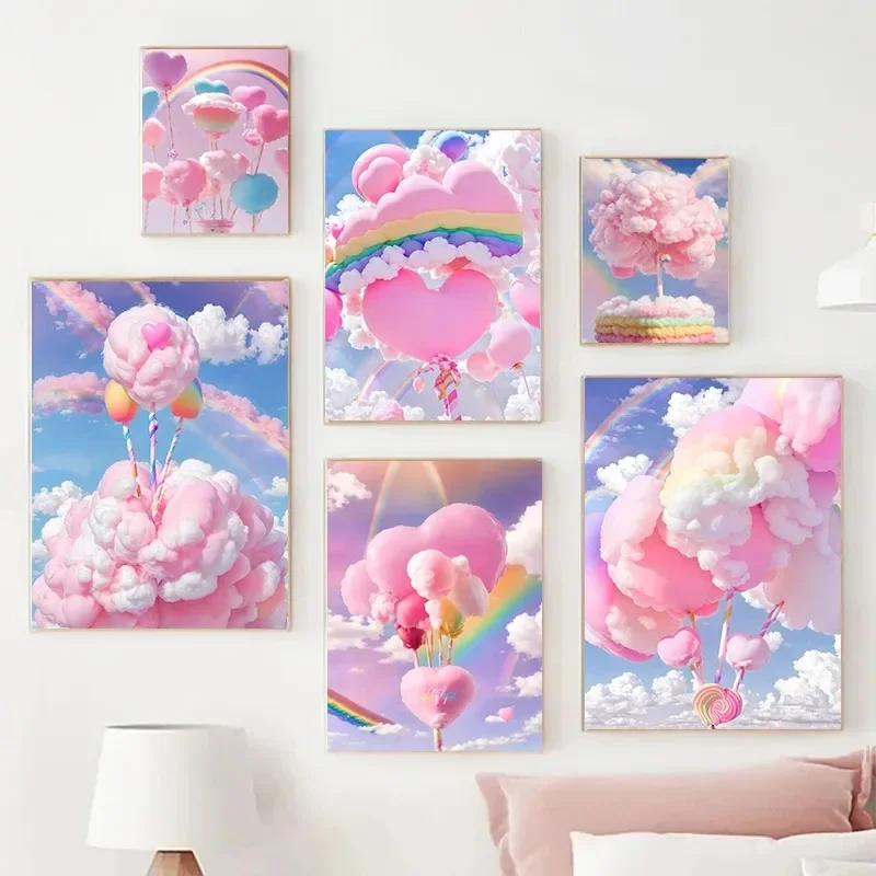 Colored Cotton Candy Rainbow Love Heart Poster and Prints Diamond Printing Wall Art Picture for Girl Room Dessert Shop Decorat