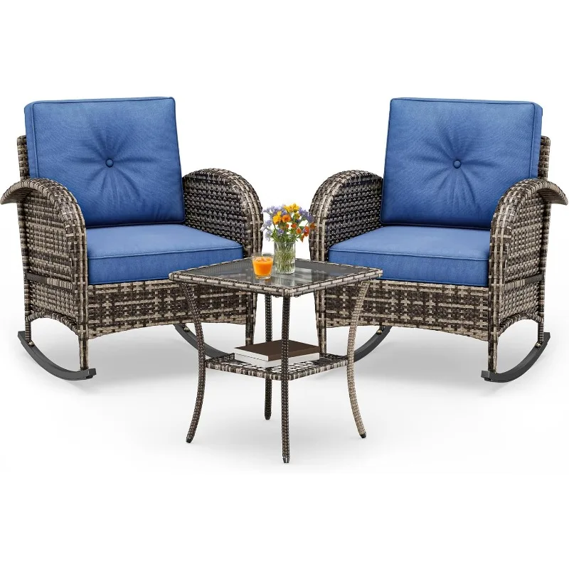 

3-Piece Wicker Rocking Chair Set, Outdoor Patio Furniture Set with Plush Cushions, PE Rattan Bistro Set Including Side