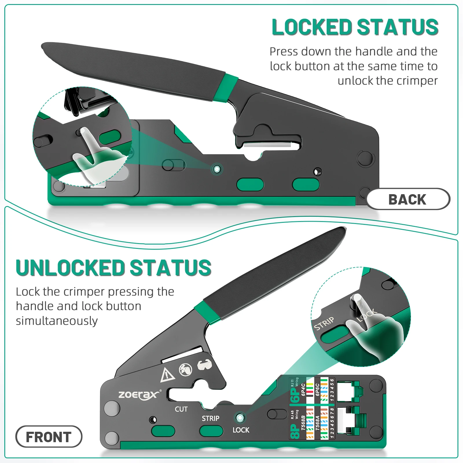 ZoeRax RJ45 Crimp Tool Kit Pass Through Cat6 Crimping Tool For Cat5 Cat5e Cat6 8P8C Connector, All-in-one Ethernet Crimper