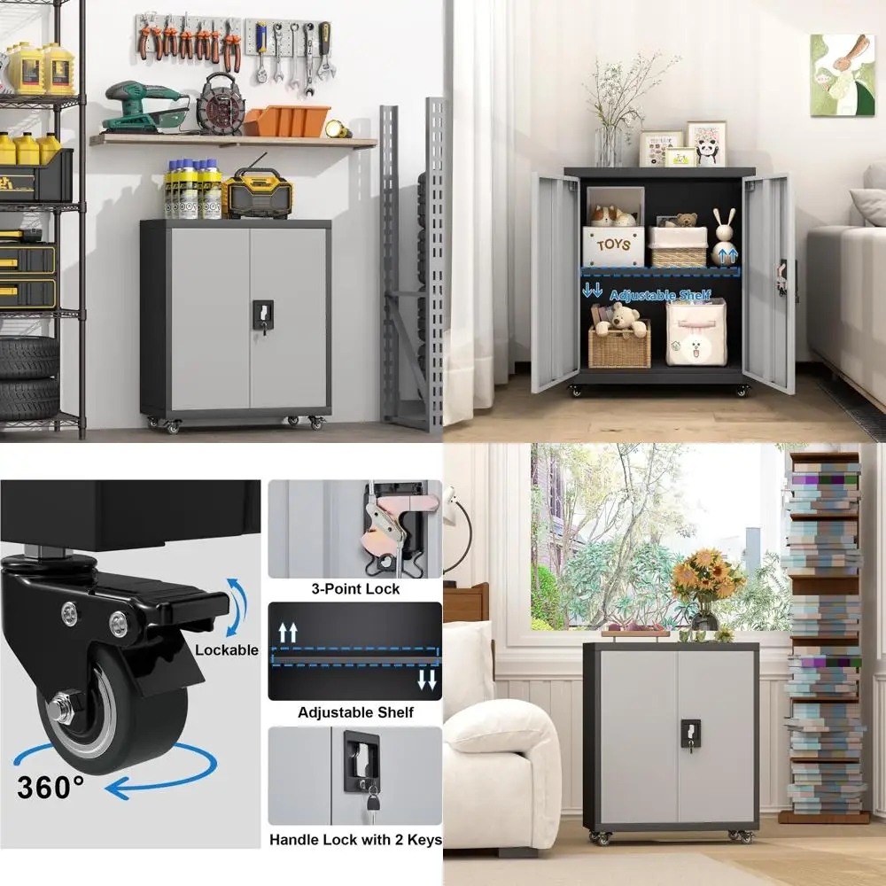 調節可能な棚板付きメタル収納キャビネット、扉とキャスター付き、狭いガレージスペース向け、安全なロックオプション付き
