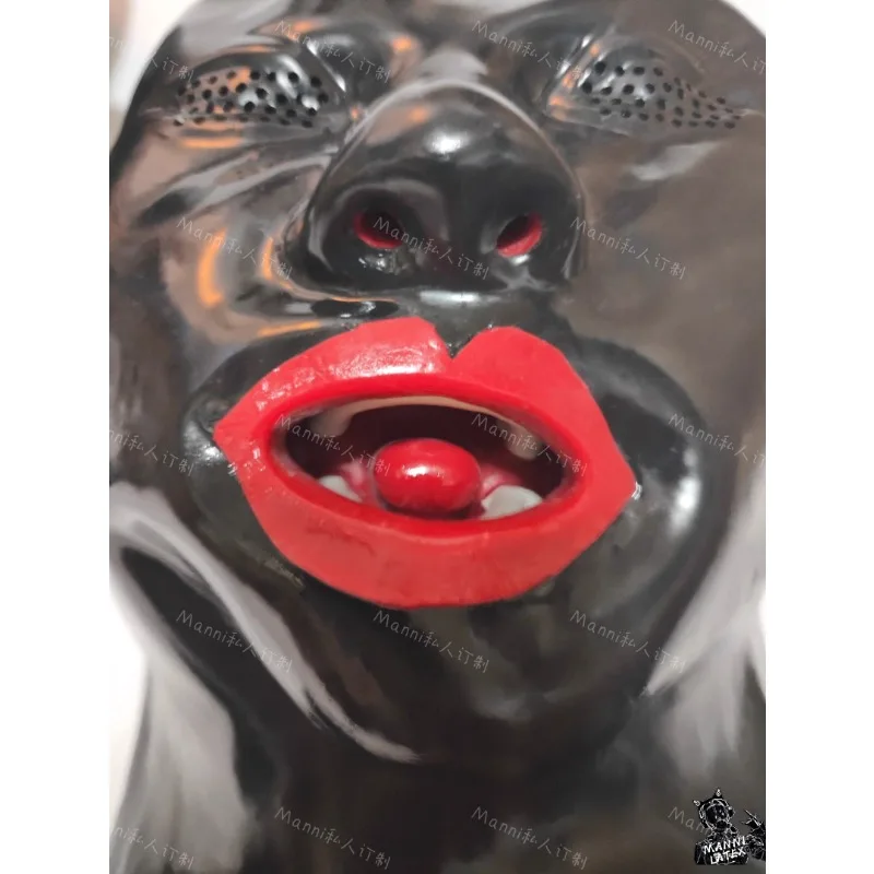 Copricapo tridimensionale personalizzato in lattice con labbra rosse, denti, lingua e body per maschera cosplay per ginnastica per ragazze