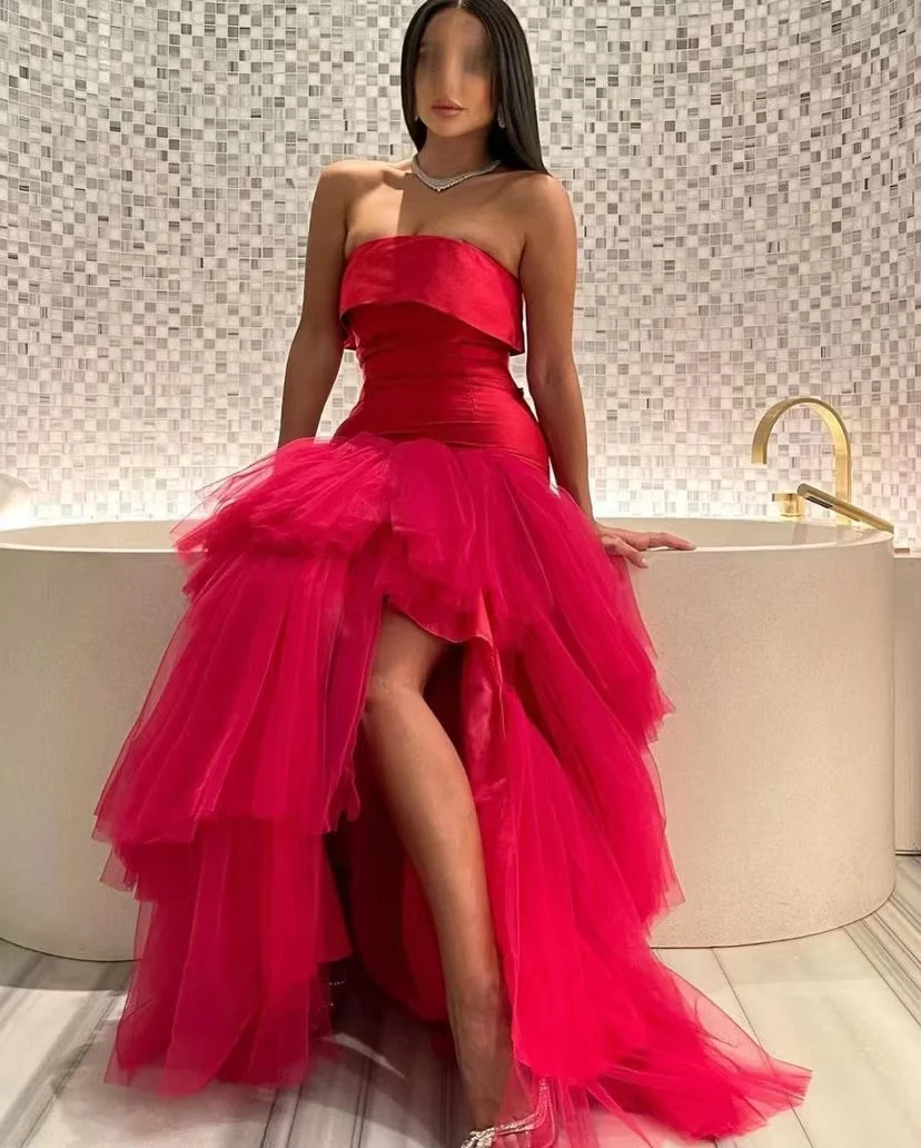 

2024 Christmas Dress Women Slit Cocktail Party Gowns Strapless Zipper Back Prom Dresses Tiered Long Special Occasion Vestidos