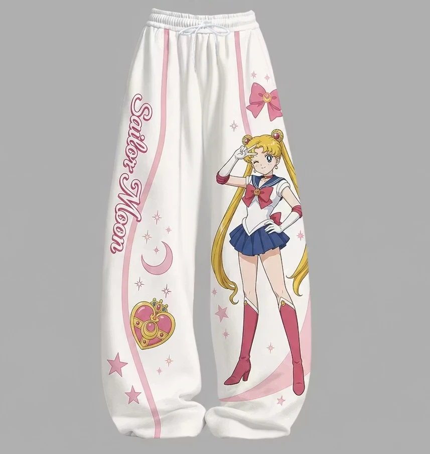 Anime Sailor Moon, farbenfroh bedruckte, weit geschnittene Hose mit hoher Taille und Kordelzug, lockere Freizeit-Sweatpants, Mädchenstil, lässige Shorts. – Detail 4