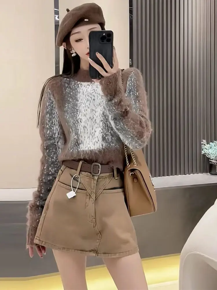 Korean Fashion Furry Contrast Color Sweater for Women 2023 New Autumn Winter Short Knitted Top Elegant Oversized  Pullovers