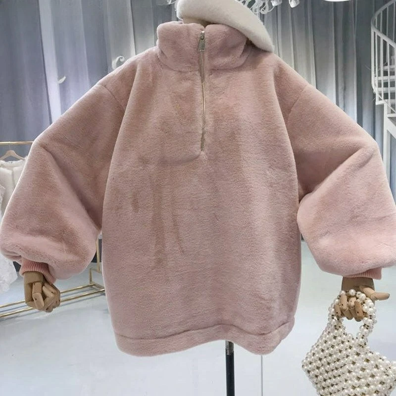 

Autumn Winter Stand Collar Furry Zipper Sweatshirt Warm Thickened Faux Fur Coat Batwing Sleeve Loose Fit Women