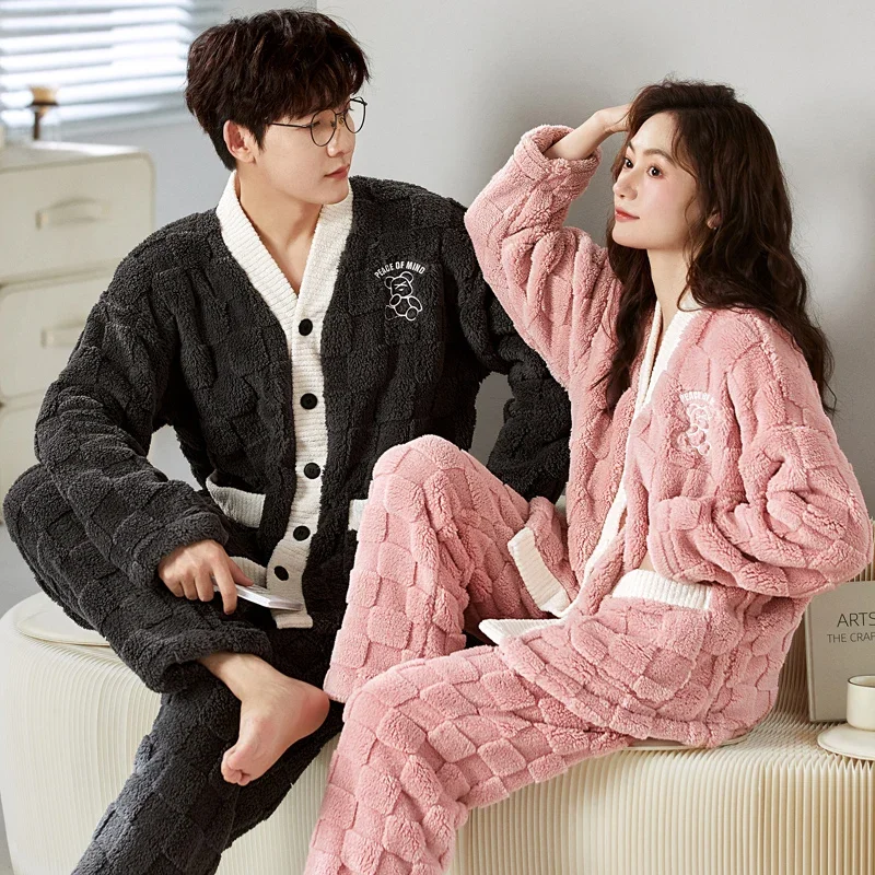 2024 New Year Gifts Winter Warm Sleepwear for Women and Men V Neck Cardigan Homewear for Lovers Kimono Nightwear Couples Pjs