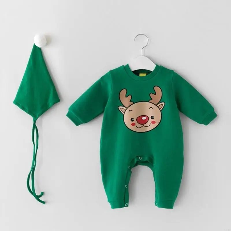 

581F Baby Christmas Romper Deer/Santa Themed Cotton Jumpsuit with Bonnet Hat for Infants Holiday Photoshoots Props
