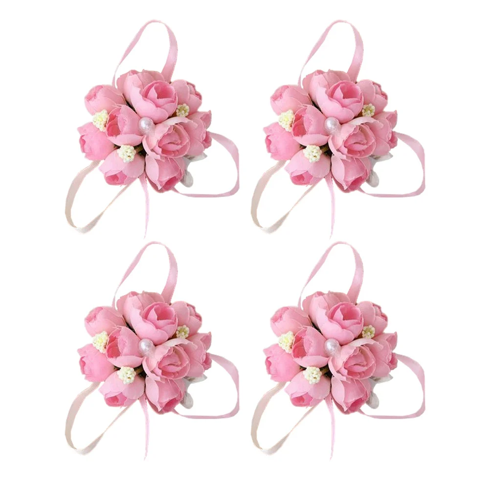 

4Pcs Wedding Wrist Flower Bridal Brooch Artificial Pink Silk Flowers Elegant Durable Wedding Dance Party Flower Ornament