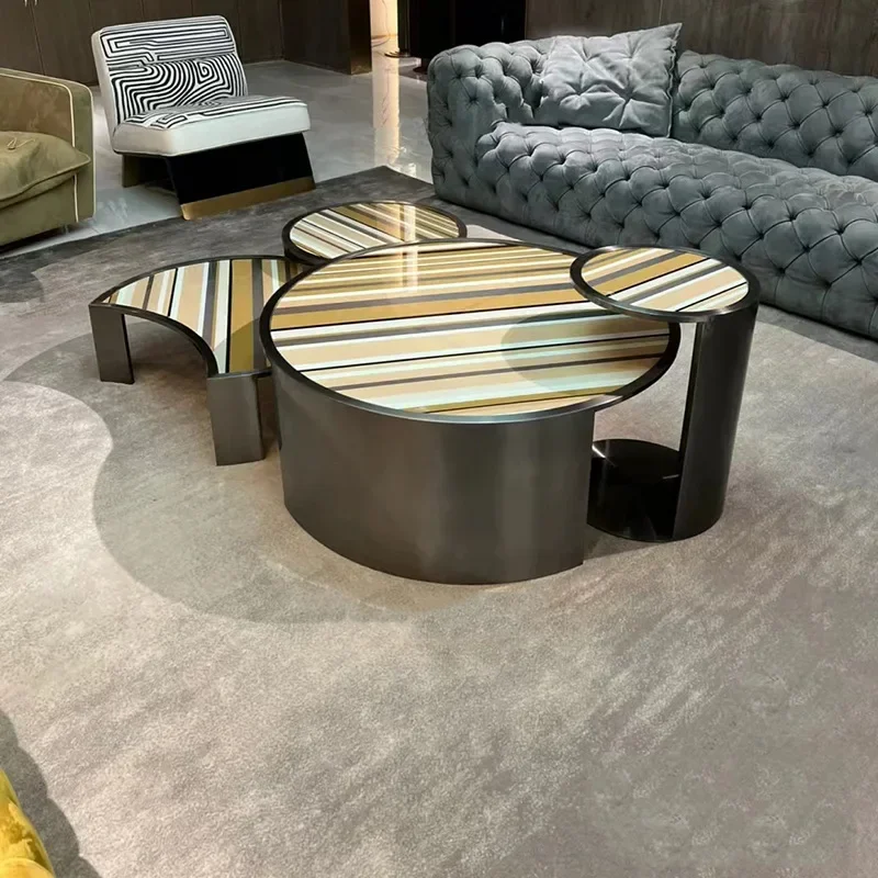 Italian Italian light luxury coffee table luxury stainless steel metal living room round combination tempered glass round coffee