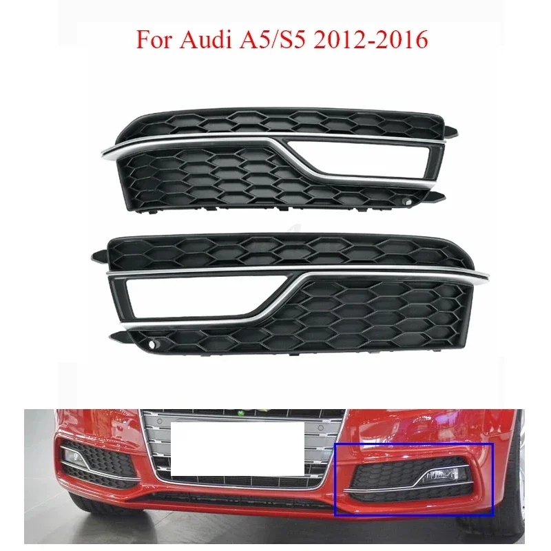 2PCS Front Bumper Honeycomb Fog Light Lamp Grille Chrome Grill Cover Fit For AUDI A5 S-Line S5 2012-2016 8T0807681M 8T0807682M