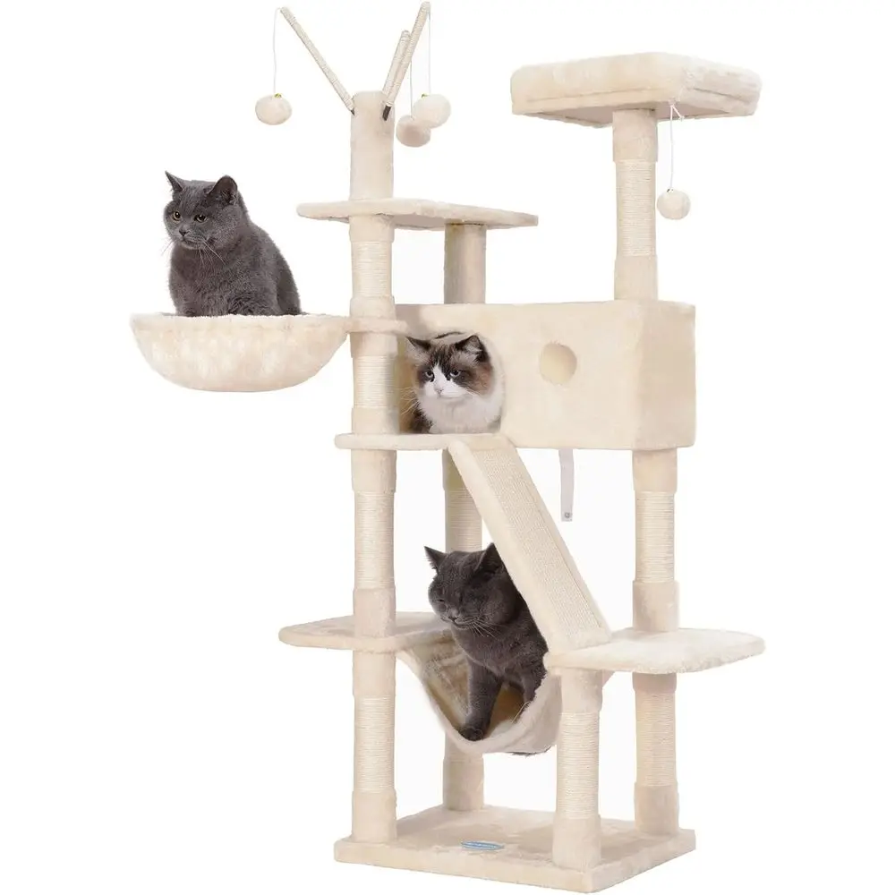 

61 Large Beige Indoor Cat Tree with Padded Bed, Toy Balls, Cozy Condo, Hammocks, and Sisal Scratching Posts