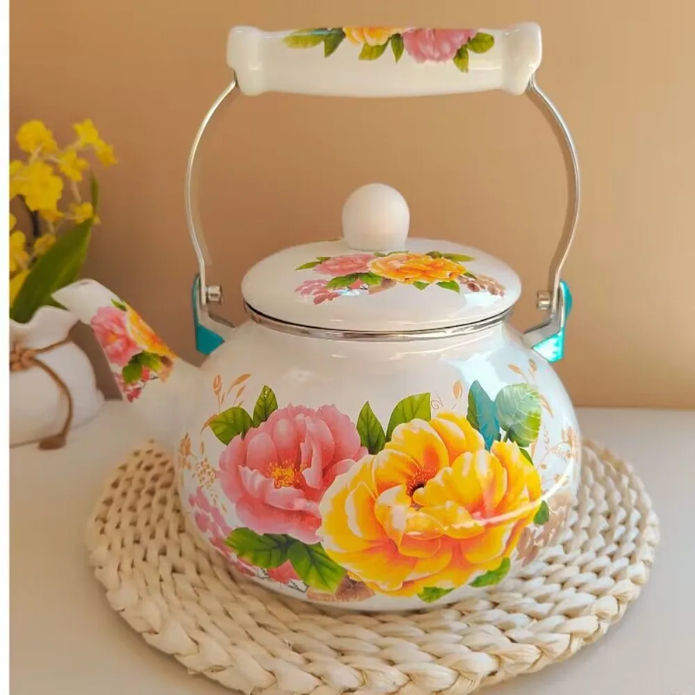 Chinese Style Enamel Teapot 2.5L Antiscald Handle Tea Jug Floral Enameled Pear-shaped Gas Water Kettle Gas Induction Cooker